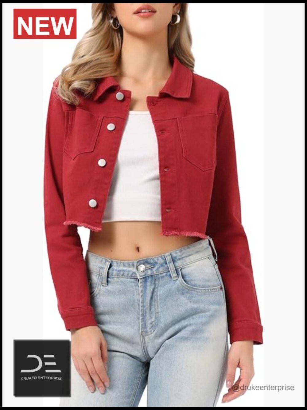 Cropped Denim Jacket Long Sleeve Button Up Lightweight